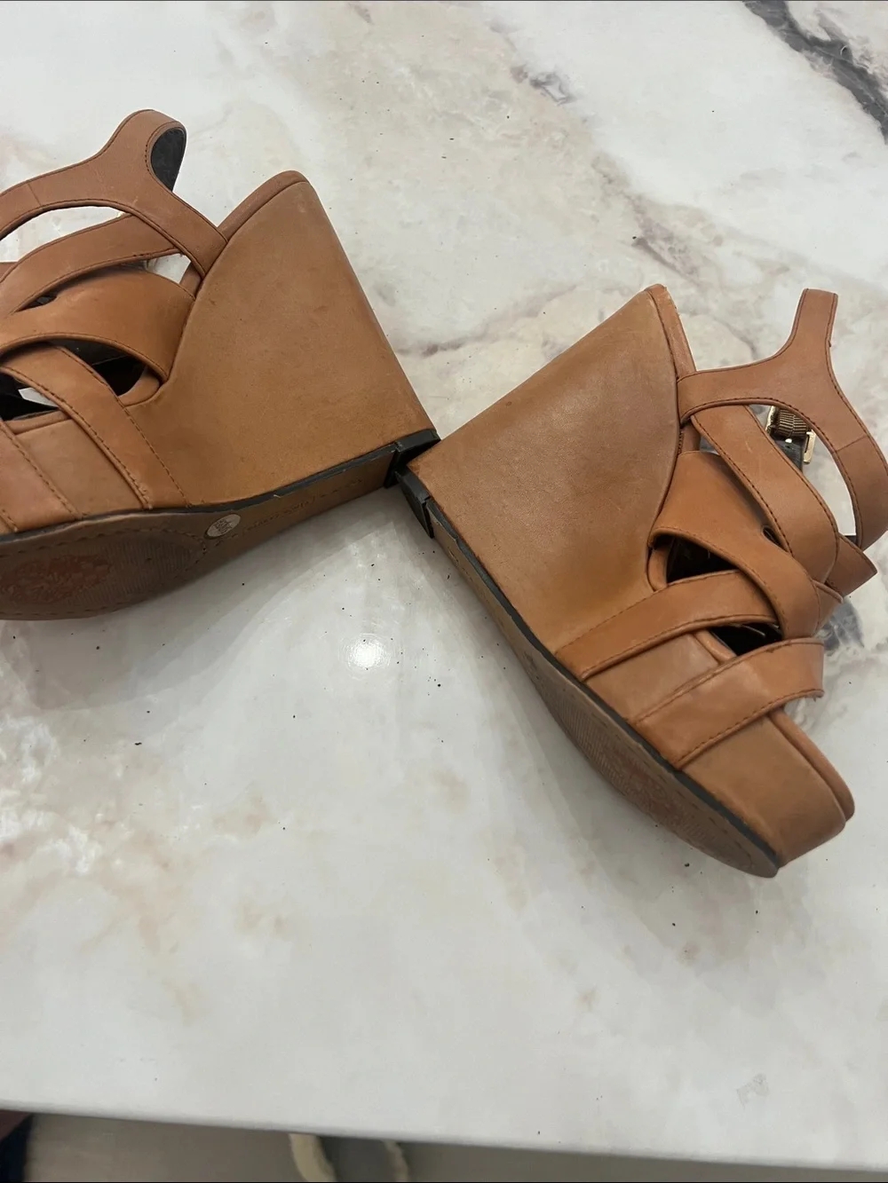 Vince Camuto Tan Leather Crisscross Platform Sandals